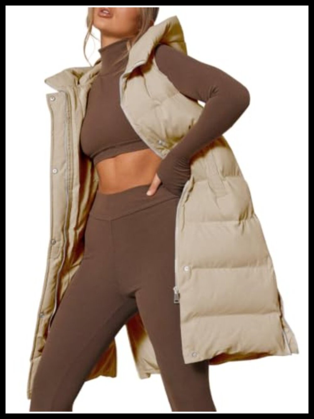 Women's Long Hooded Puffer Vest Sleeveless Stand Collar Down Insulated